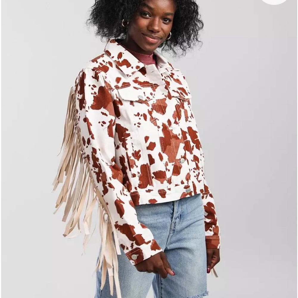 Buckle Brown and White Fringe Jean Jacket